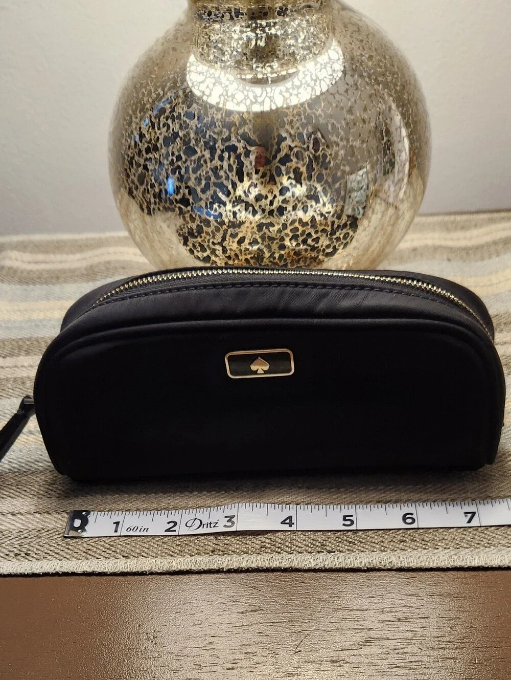 kate spade black nylon zip cosmetic pouch with gold spade plaque